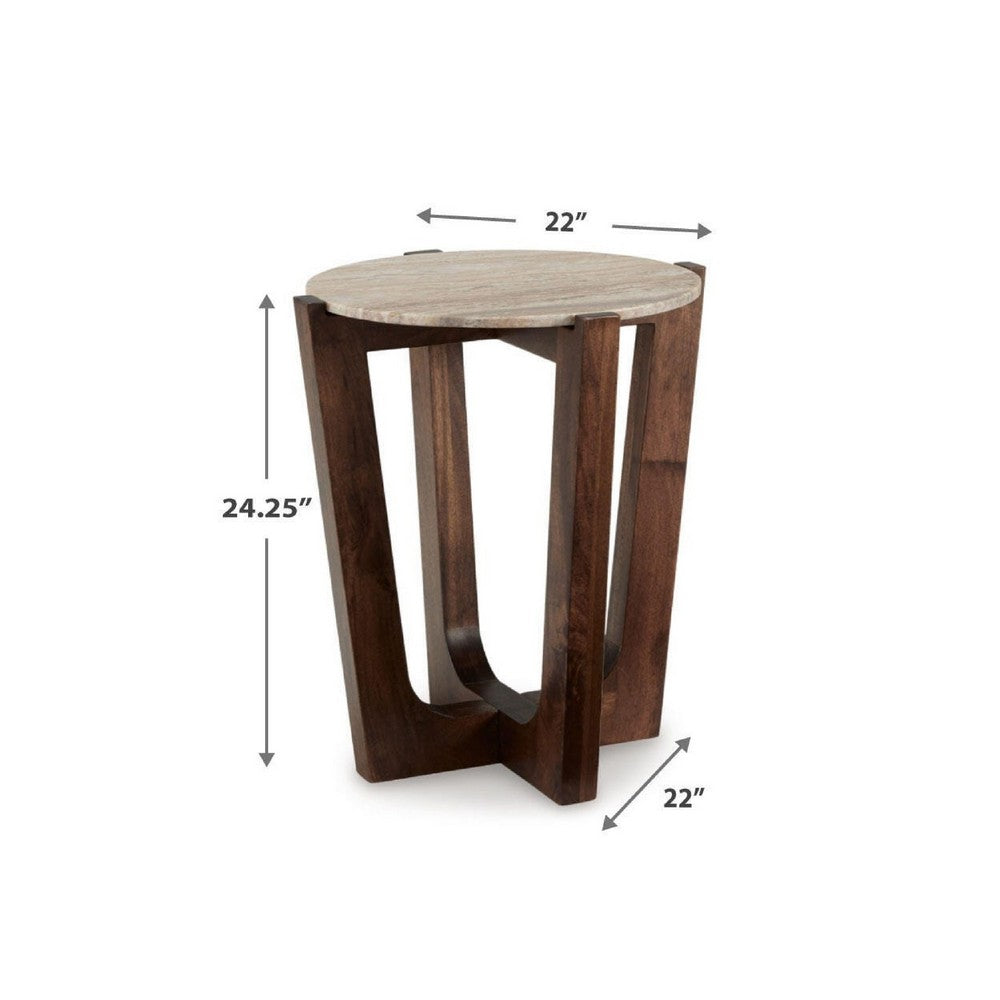 Dore Side End Table, Round Marble Top, Angled Legs, Beige, Brown 24 Inch - BM355568