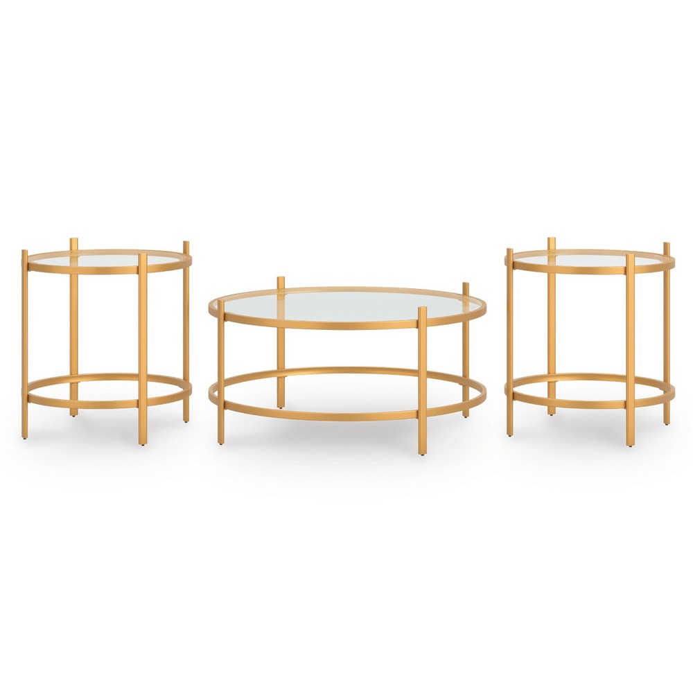 Pera 3pc Coffee Table and 2 End Table Set, Glass Top, Gold Steel Frame - BM355569