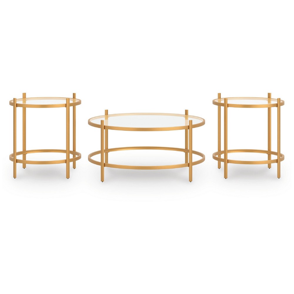 Pera 3pc Coffee Table and 2 End Table Set, Glass Top, Gold Steel Frame - BM355569