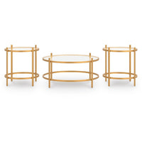 Pera 3pc Coffee Table and 2 End Table Set, Glass Top, Gold Steel Frame - BM355569