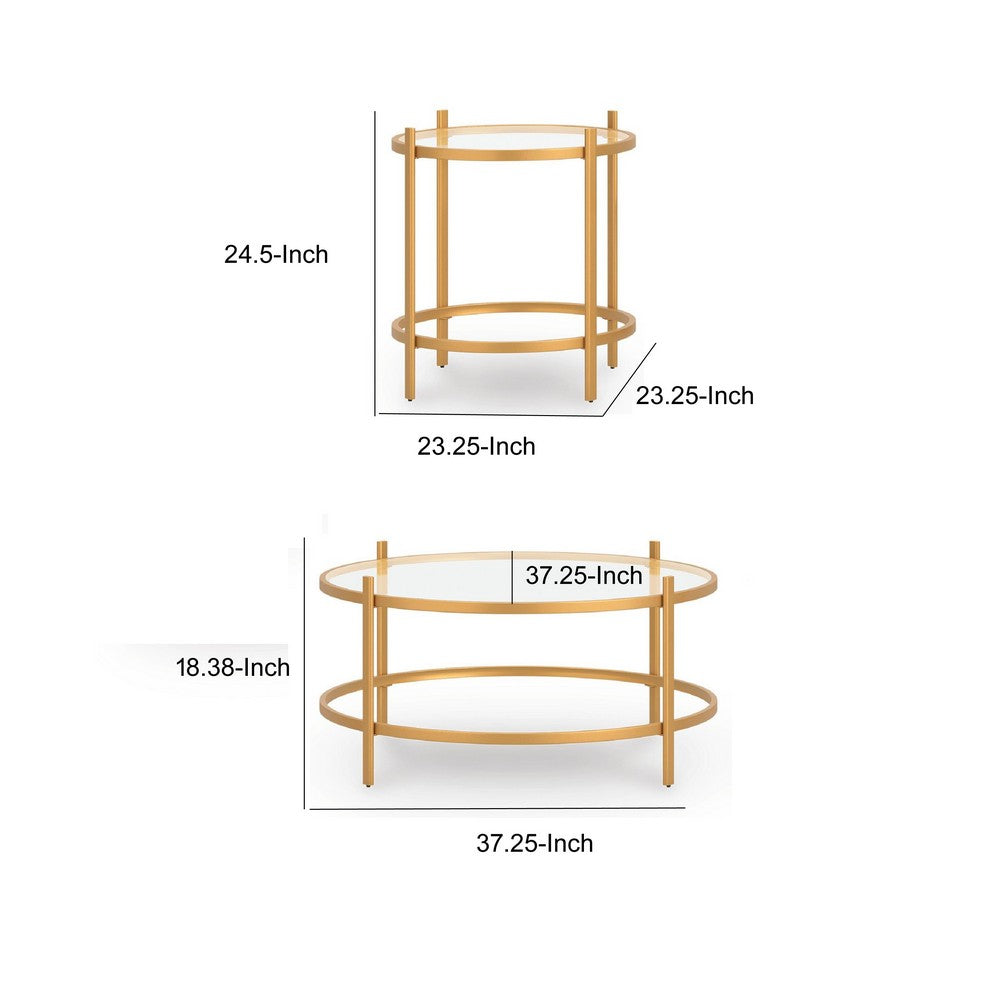 Pera 3pc Coffee Table and 2 End Table Set, Glass Top, Gold Steel Frame - BM355569
