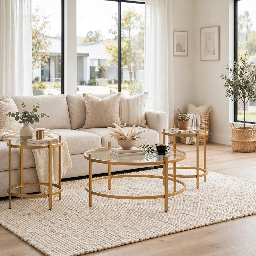 Pera 3pc Coffee Table and 2 End Table Set, Glass Top, Gold Steel Frame - BM355569