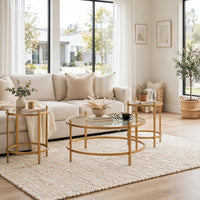 Pera 3pc Coffee Table and 2 End Table Set, Glass Top, Gold Steel Frame - BM355569
