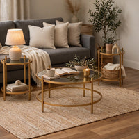 Pera 3pc Coffee Table and 2 End Table Set, Glass Top, Gold Steel Frame - BM355569