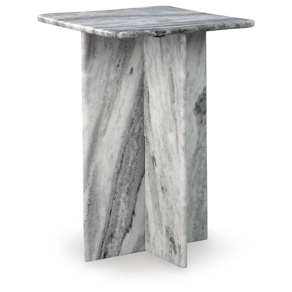Kein Square Accent Table, Cross Paneled Base, White Gray Marble 20 Inch - BM355570