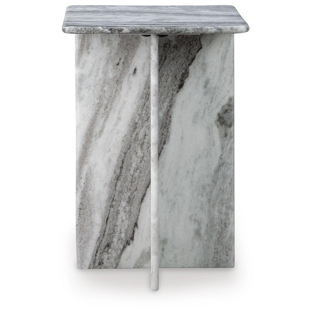 Kein Square Accent Table, Cross Paneled Base, White Gray Marble 20 Inch - BM355570