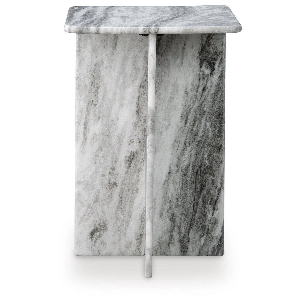 Kein Square Accent Table, Cross Paneled Base, White Gray Marble 20 Inch - BM355570