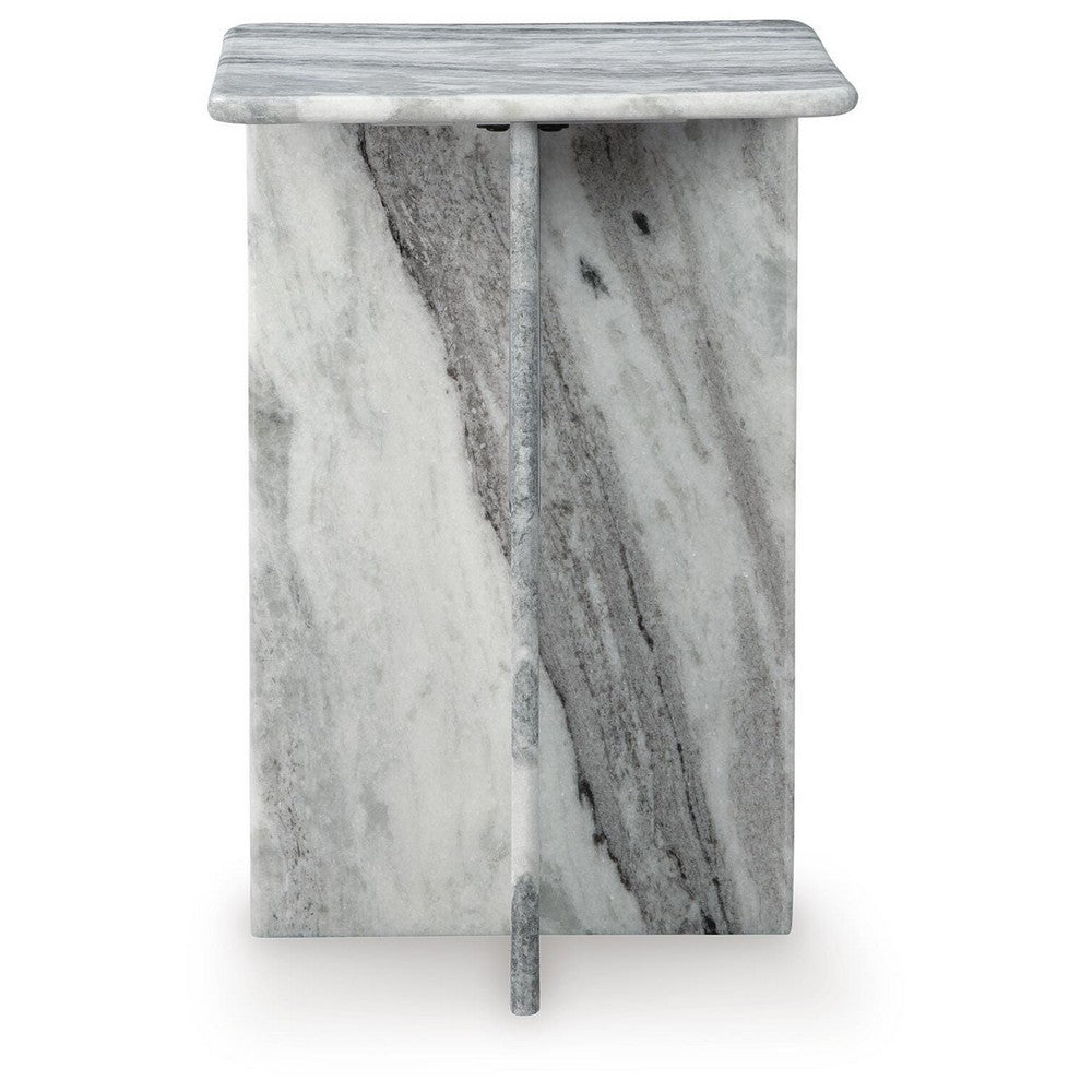 Kein Square Accent Table, Cross Paneled Base, White Gray Marble 20 Inch - BM355570