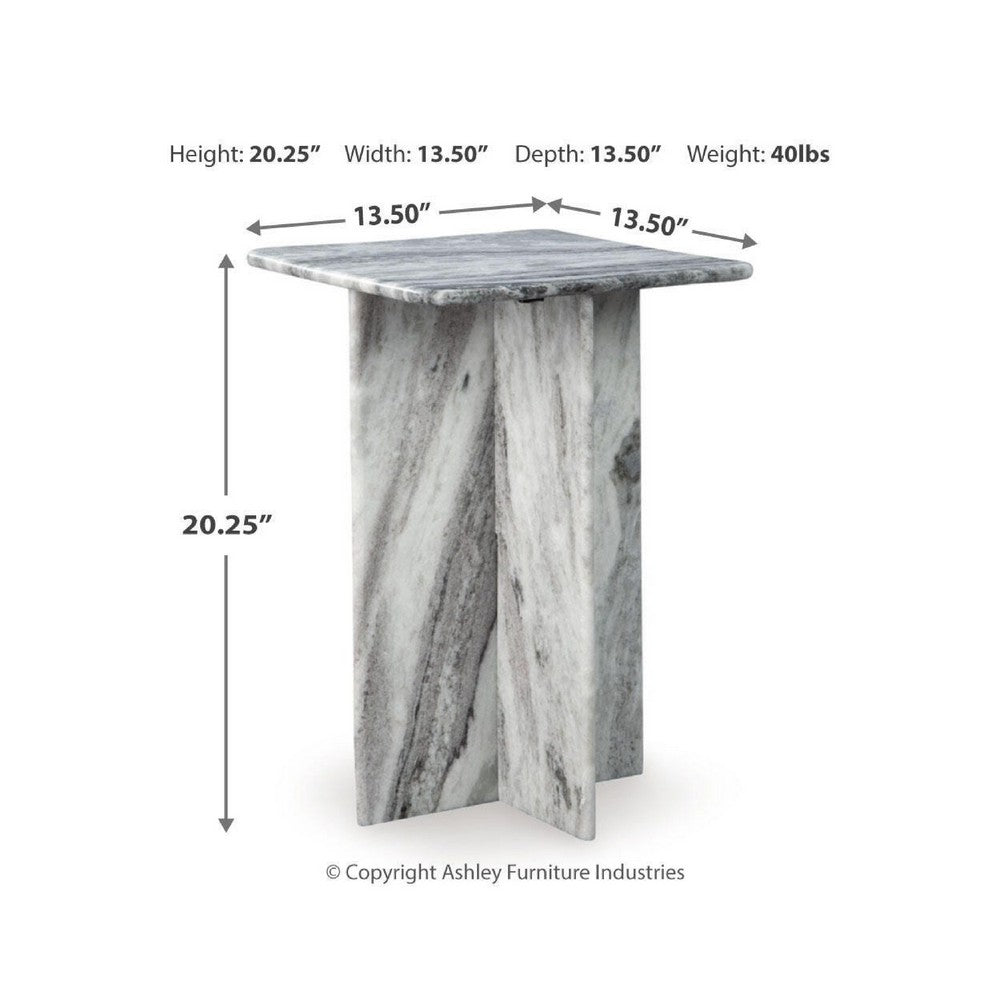 Kein Square Accent Table, Cross Paneled Base, White Gray Marble 20 Inch - BM355570