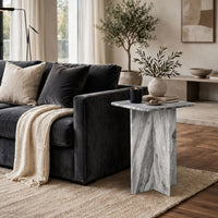 Kein Square Accent Table, Cross Paneled Base, White Gray Marble 20 Inch - BM355570