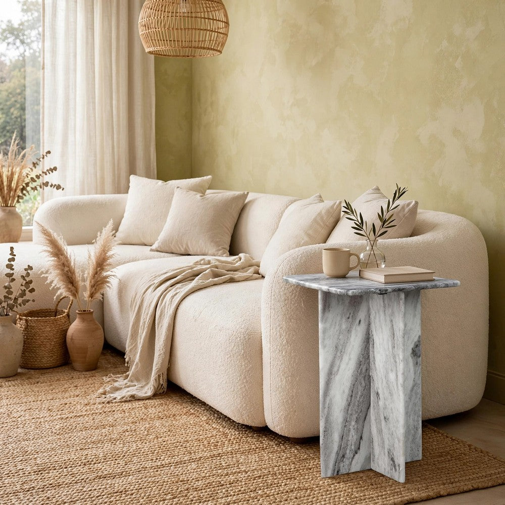 Kein Square Accent Table, Cross Paneled Base, White Gray Marble 20 Inch - BM355570