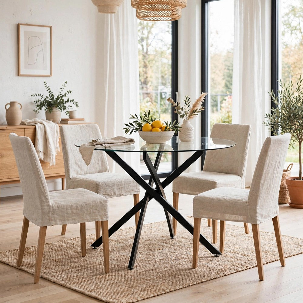 Pheri Dining Table, Round Glass Top, Intricate Legs, Dark Gray 42 Inch - BM355571