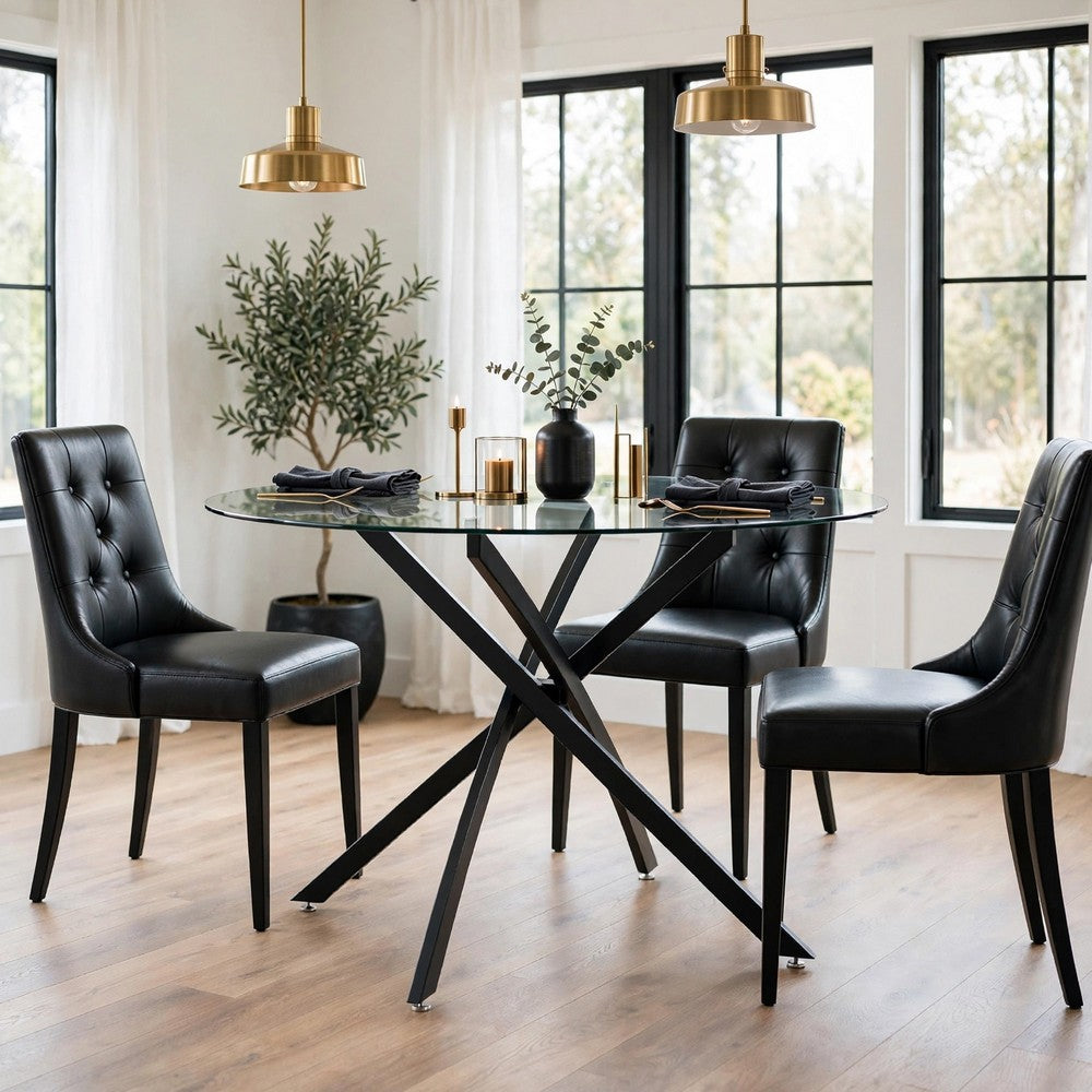 Pheri Dining Table, Round Glass Top, Intricate Legs, Dark Gray 42 Inch - BM355571