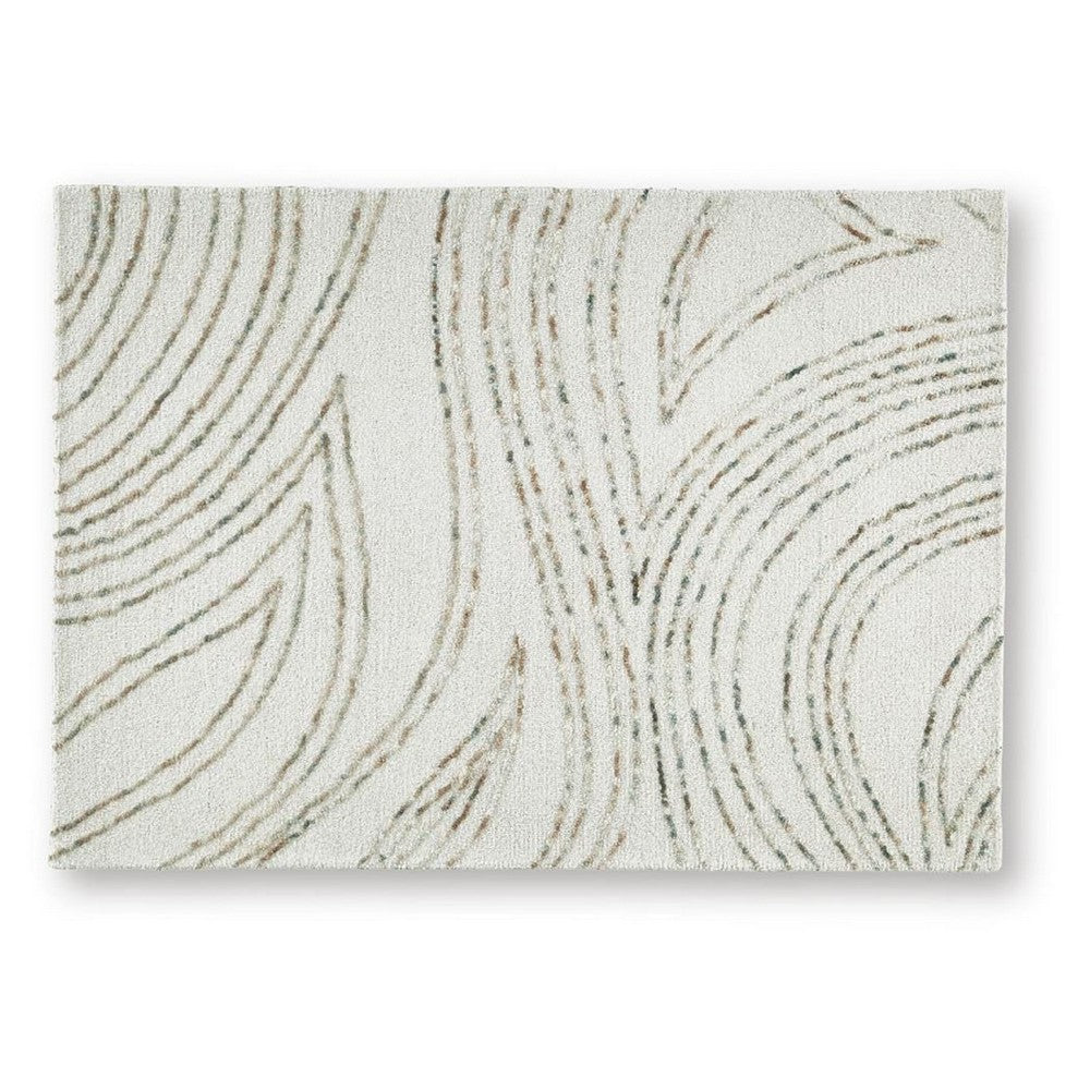 Delma 5x7 Medium Area Rug, Flowing Abstract Pattern, Green and Ivory Wool - BM355572
