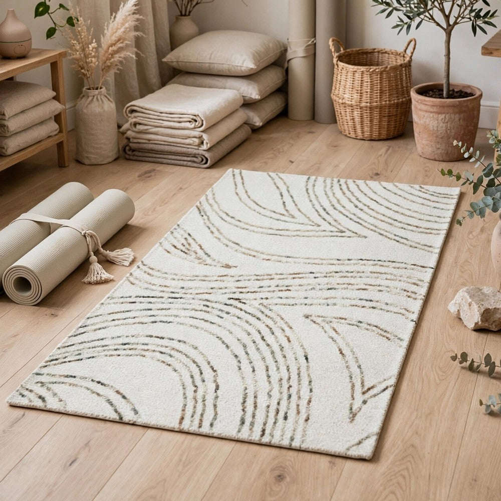 Delma 5x7 Medium Area Rug, Flowing Abstract Pattern, Green and Ivory Wool - BM355572