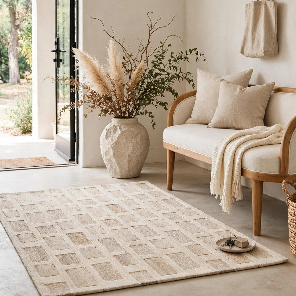 Lisa 5x7 Medium Area Rug, Stripe Pattern, White and Brown Wool Polyester - BM355573
