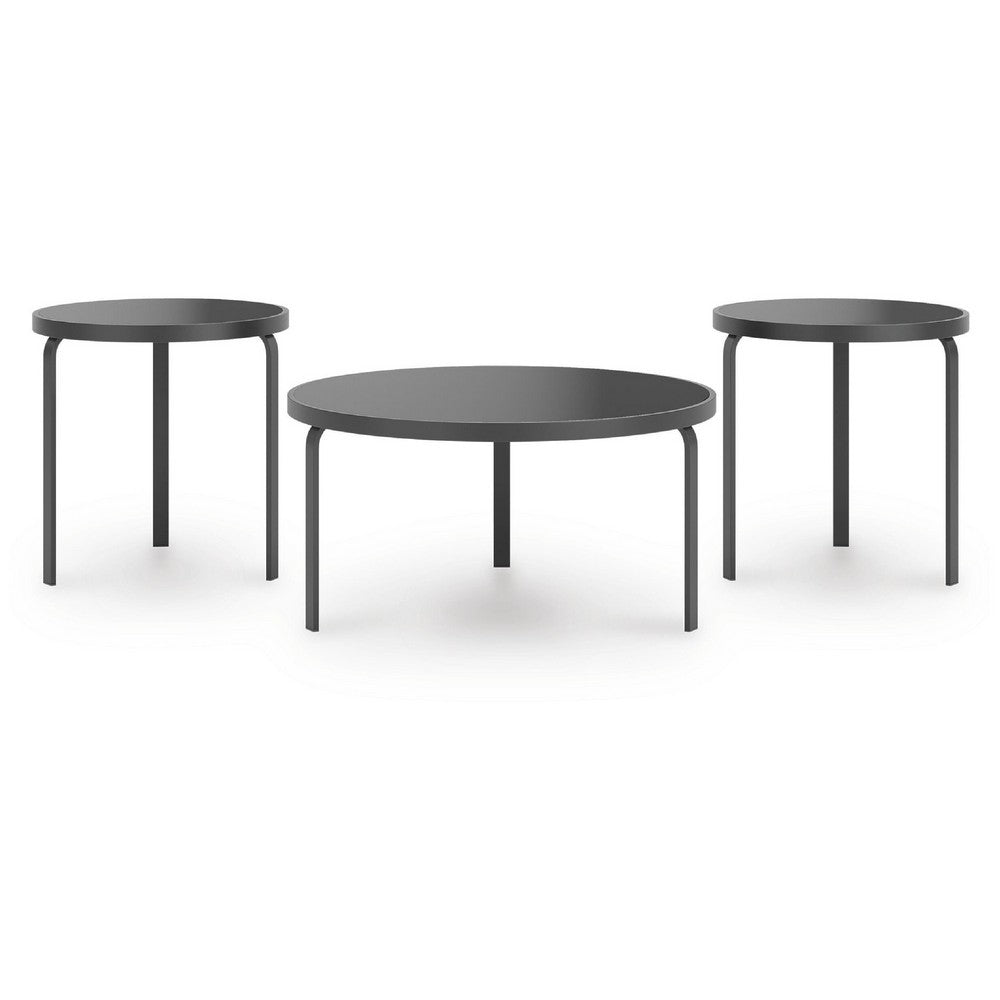 Dori 3pc Coffee Table and 2 End Table Set, Round Glass Top, Matte Black - BM355574