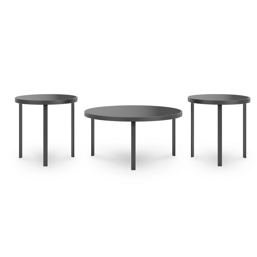 Dori 3pc Coffee Table and 2 End Table Set, Round Glass Top, Matte Black - BM355574