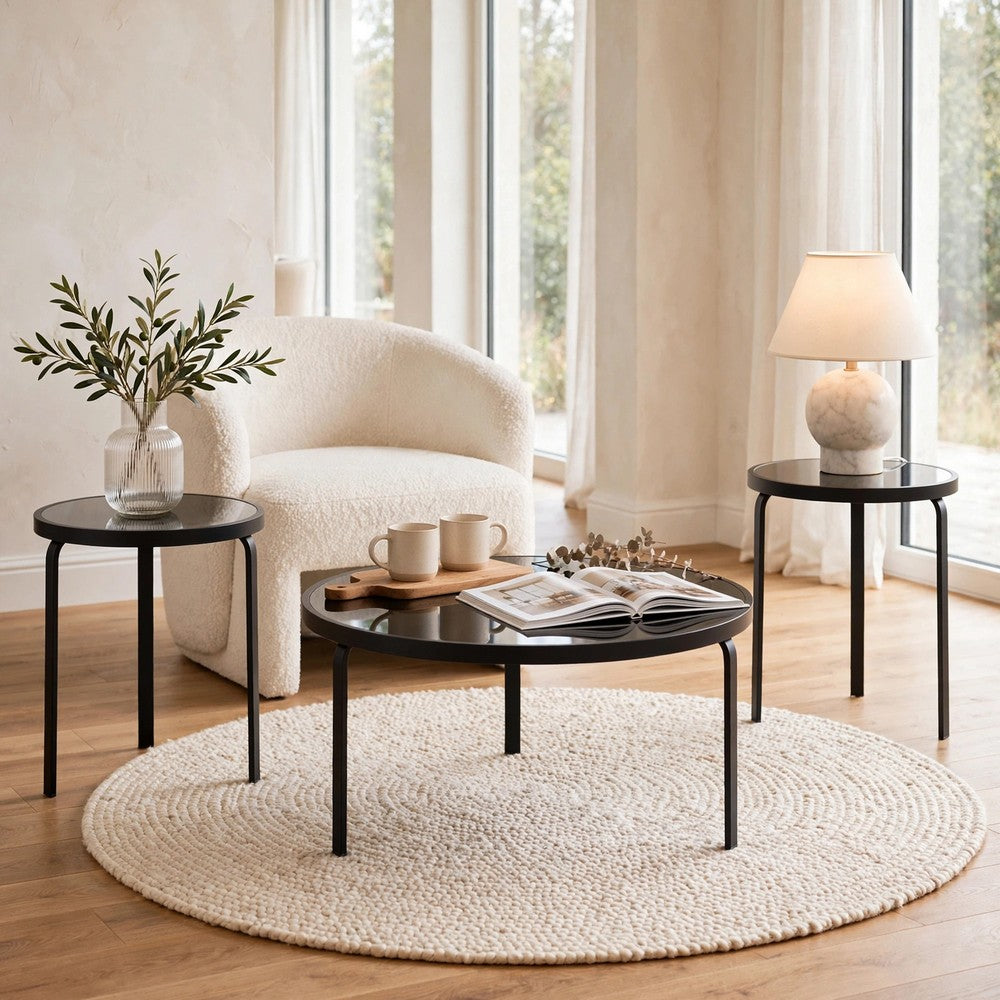Dori 3pc Coffee Table and 2 End Table Set, Round Glass Top, Matte Black - BM355574
