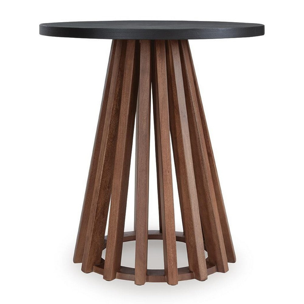 Kely Round Side End Table, Conical Slatted Base, Black and Brown 25 Inch - BM355577