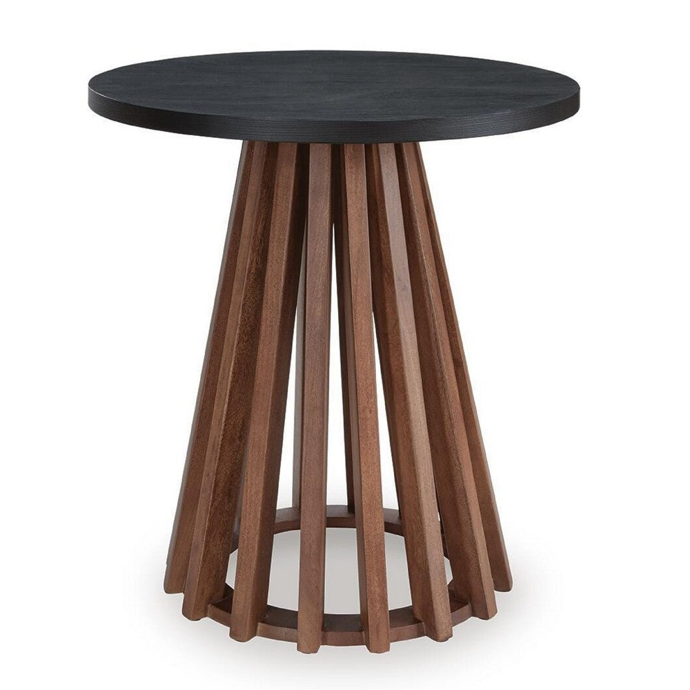 Kely Round Side End Table, Conical Slatted Base, Black and Brown 25 Inch - BM355577