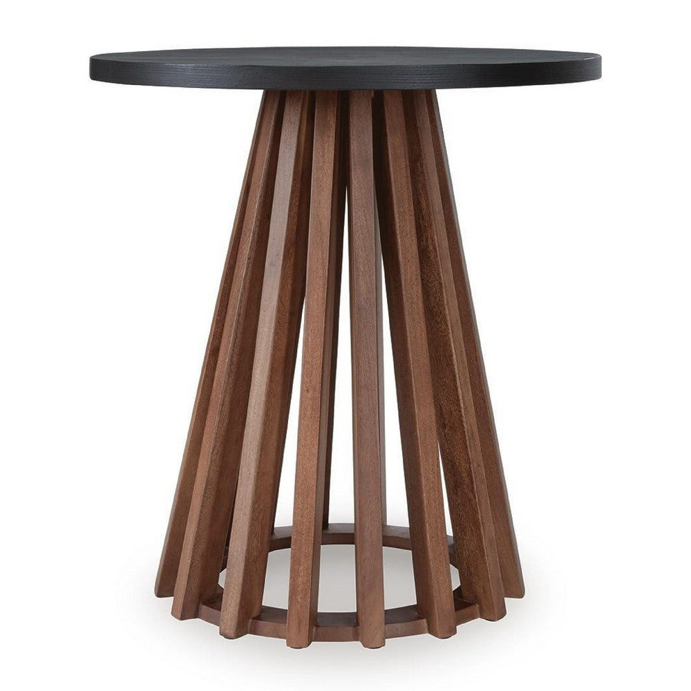 Kely Round Side End Table, Conical Slatted Base, Black and Brown 25 Inch - BM355577