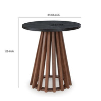 Kely Round Side End Table, Conical Slatted Base, Black and Brown 25 Inch - BM355577