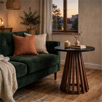 Kely Round Side End Table, Conical Slatted Base, Black and Brown 25 Inch - BM355577