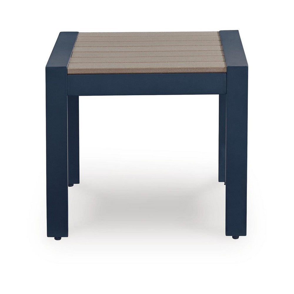 Eina Outdoor Square End Table, Wood-Look Brown HDPE, Blue Aluminum 24 Inch-BM355596