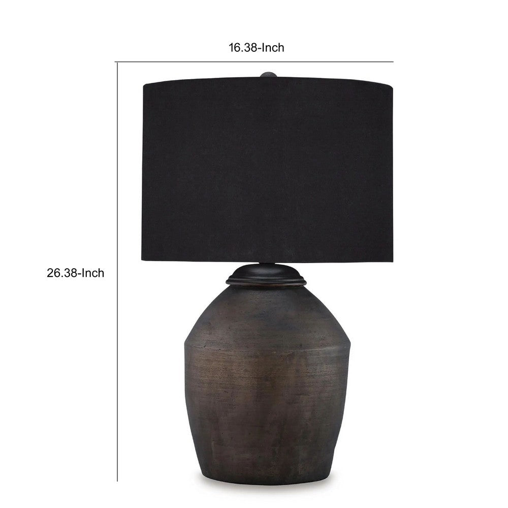 Kaya Table Lamp, Drum Fabric Shade, Metallic Black Terracotta Base, 26 Inch