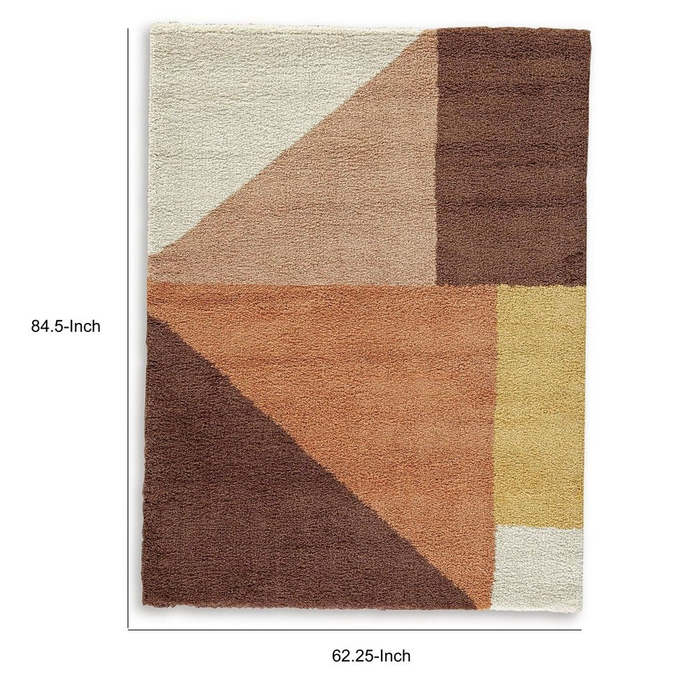 Mona 5x7 Geometric Medium Area Rug w Shag, 30mm Pile, Pink, Brown