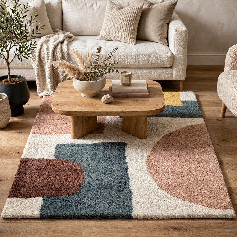Fyna 5x7 Geometric Medium Area Rug w Shag, 30mm Pile, Gray, Brown