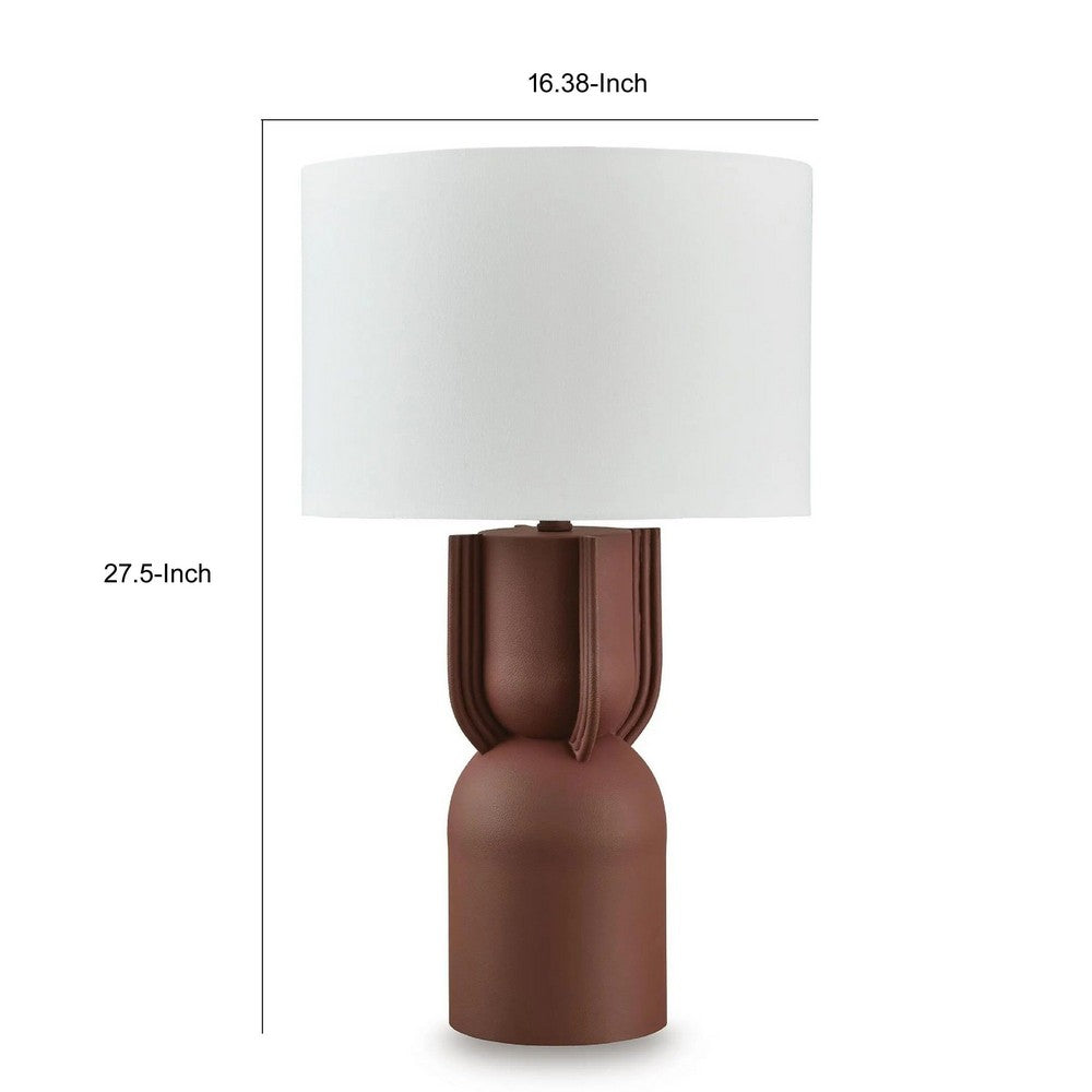 Maya Table Lamp, White Drum Shade, Brick Red Hourglass Base, 28 Inch