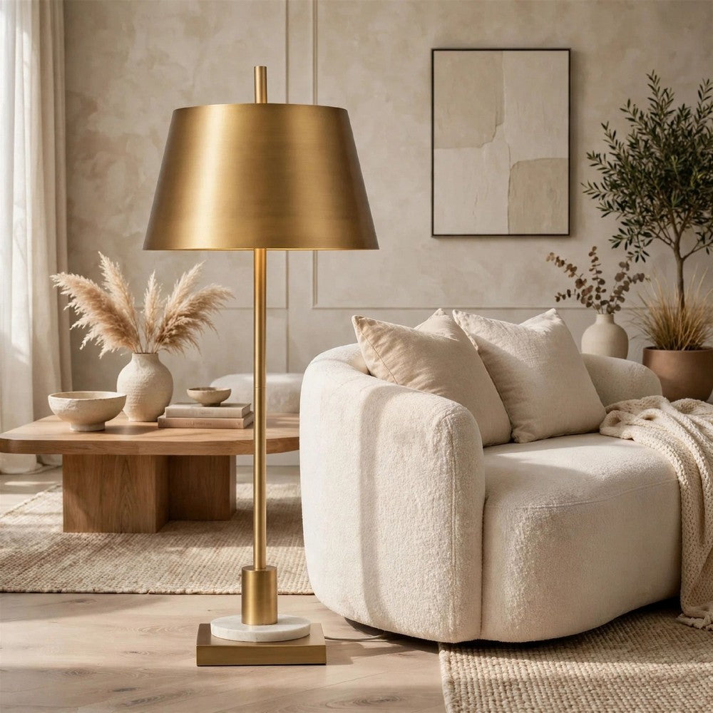 Feya Table Lamp, White Marble Base, Gold Metal Empire Shade, 32 Inch