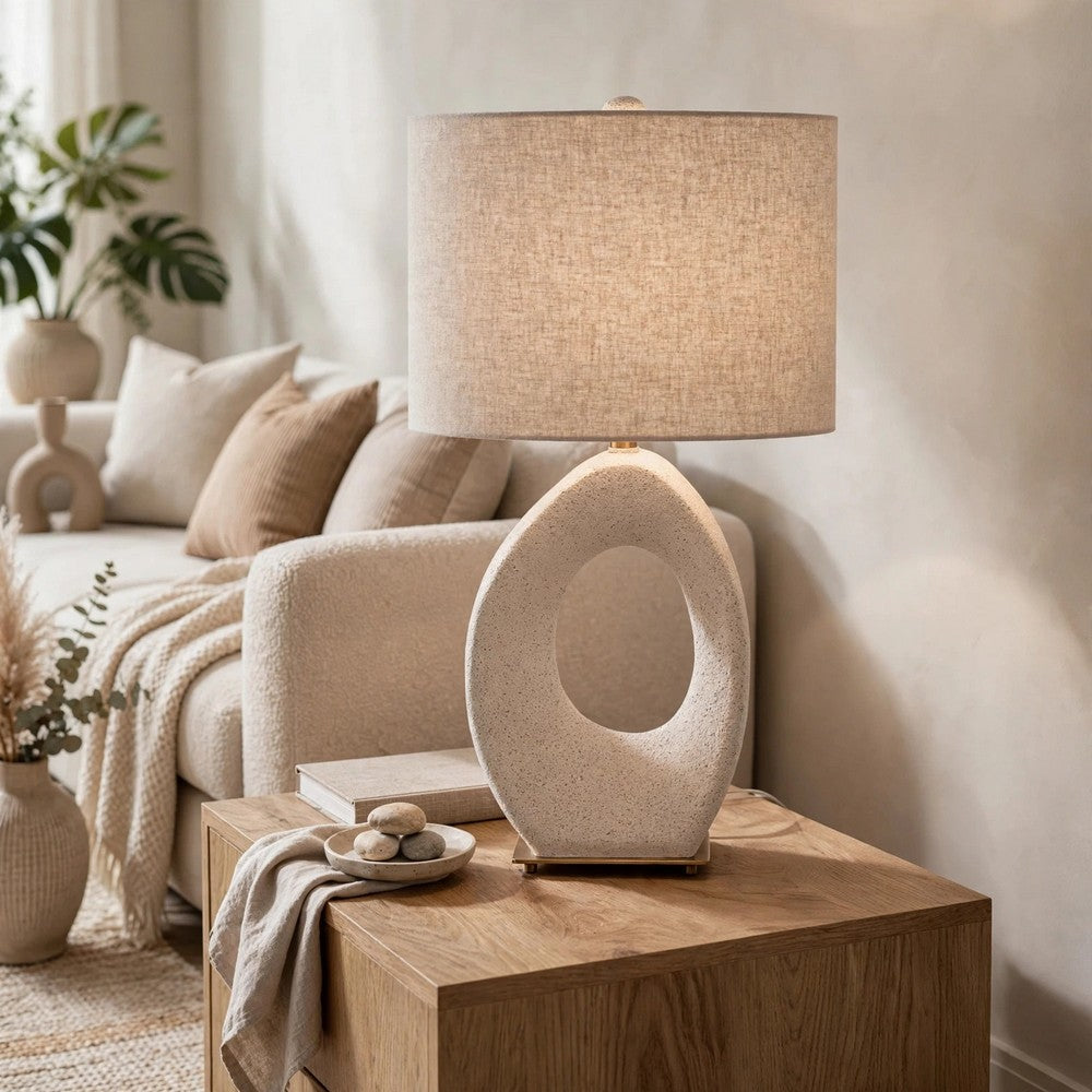 Frya Paper Table Lamp, Cream Speckled Geometric Base, Drum Shade, 28 Inch