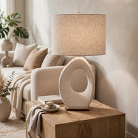 Frya Paper Table Lamp, Cream Speckled Geometric Base, Drum Shade, 28 Inch