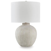 Alp Table Lamp, Antique White Shade, Warm Gray Textured Pot Base, 28 Inch