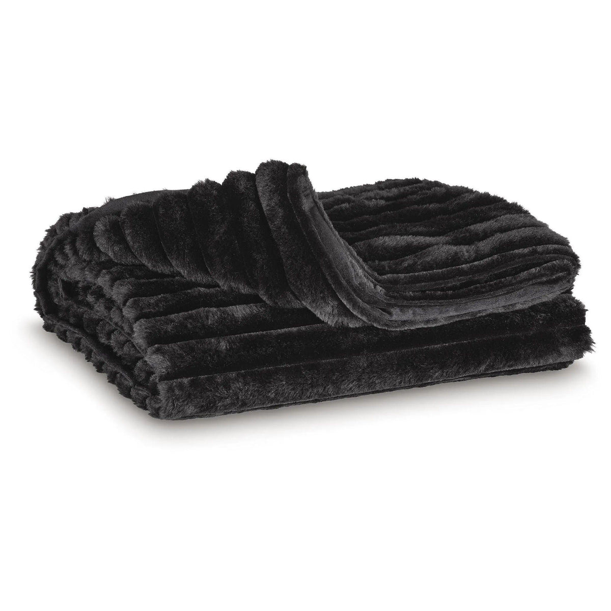 Visha Throw Blanket Set of 3, Faux Fur Stripes, Reversible Black Polyester-BM355618
