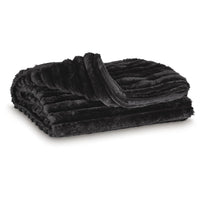 Visha Throw Blanket Set of 3, Faux Fur Stripes, Reversible Black Polyester-BM355618