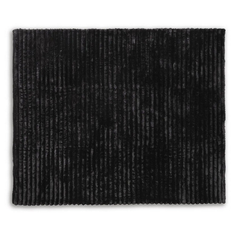 Visha Throw Blanket Set of 3, Faux Fur Stripes, Reversible Black Polyester-BM355618