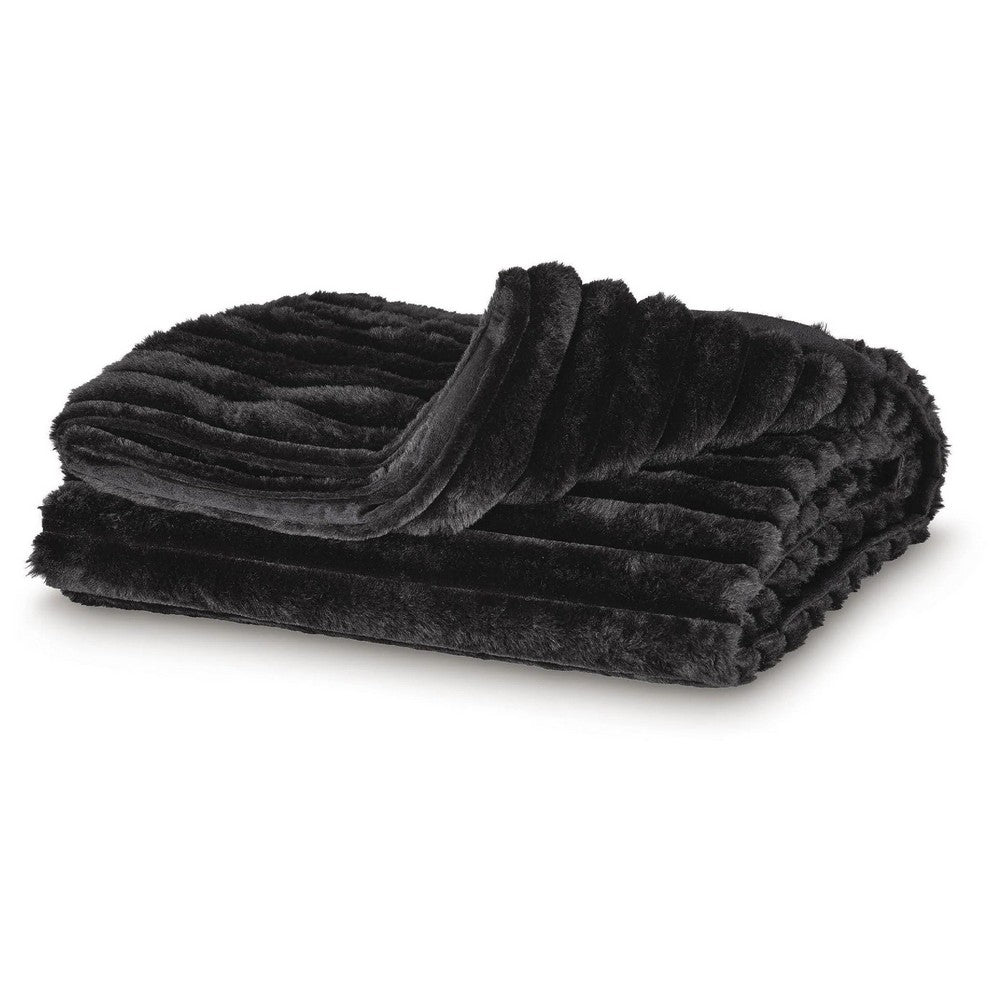 Visha Throw Blanket Set of 3, Faux Fur Stripes, Reversible Black Polyester-BM355618