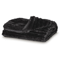 Visha Throw Blanket Set of 3, Faux Fur Stripes, Reversible Black Polyester-BM355618