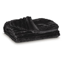 Visha Throw Blanket Set of 3, Faux Fur Stripes, Reversible Black Polyester-BM355618