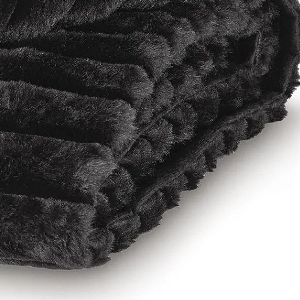 Visha Throw Blanket Set of 3, Faux Fur Stripes, Reversible Black Polyester-BM355618