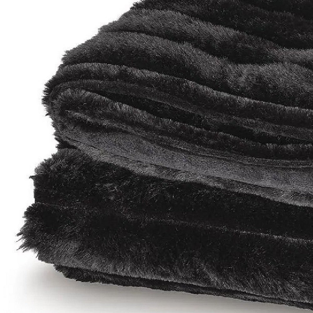 Visha Throw Blanket Set of 3, Faux Fur Stripes, Reversible Black Polyester-BM355618