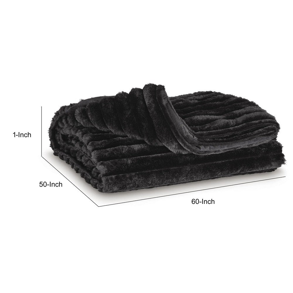 Visha Throw Blanket Set of 3, Faux Fur Stripes, Reversible Black Polyester-BM355618