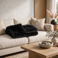 Visha Throw Blanket Set of 3, Faux Fur Stripes, Reversible Black Polyester-BM355618