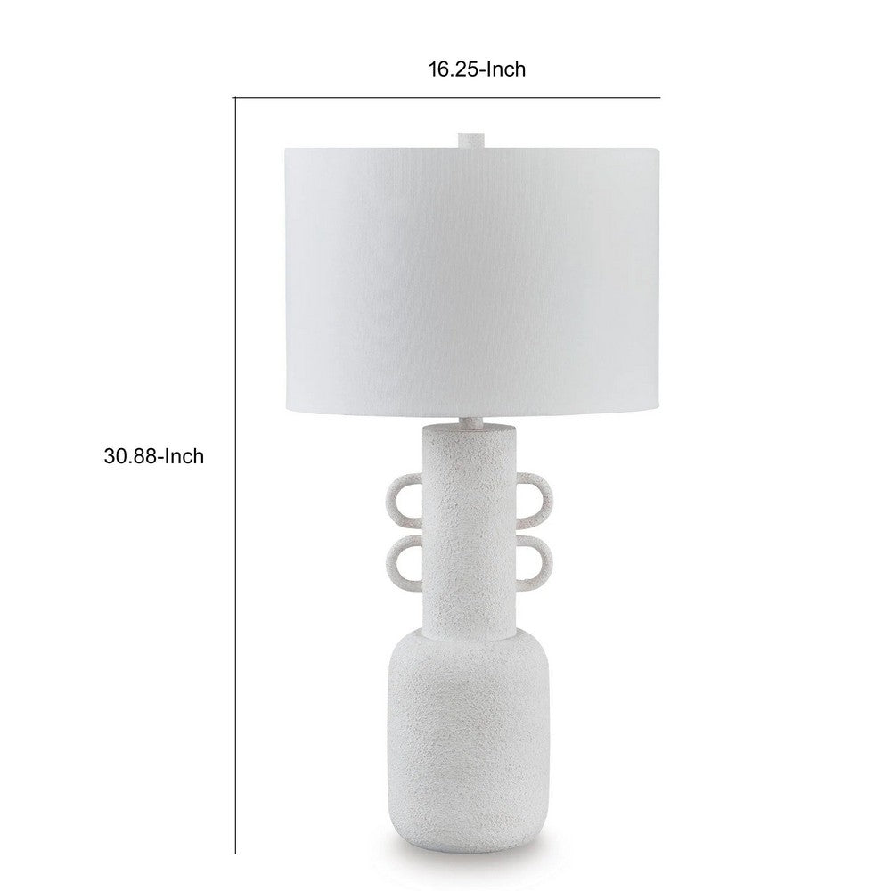 Peri Table Lamp, Sculptural Design, Drum Shade, Distressed White 31 Inch