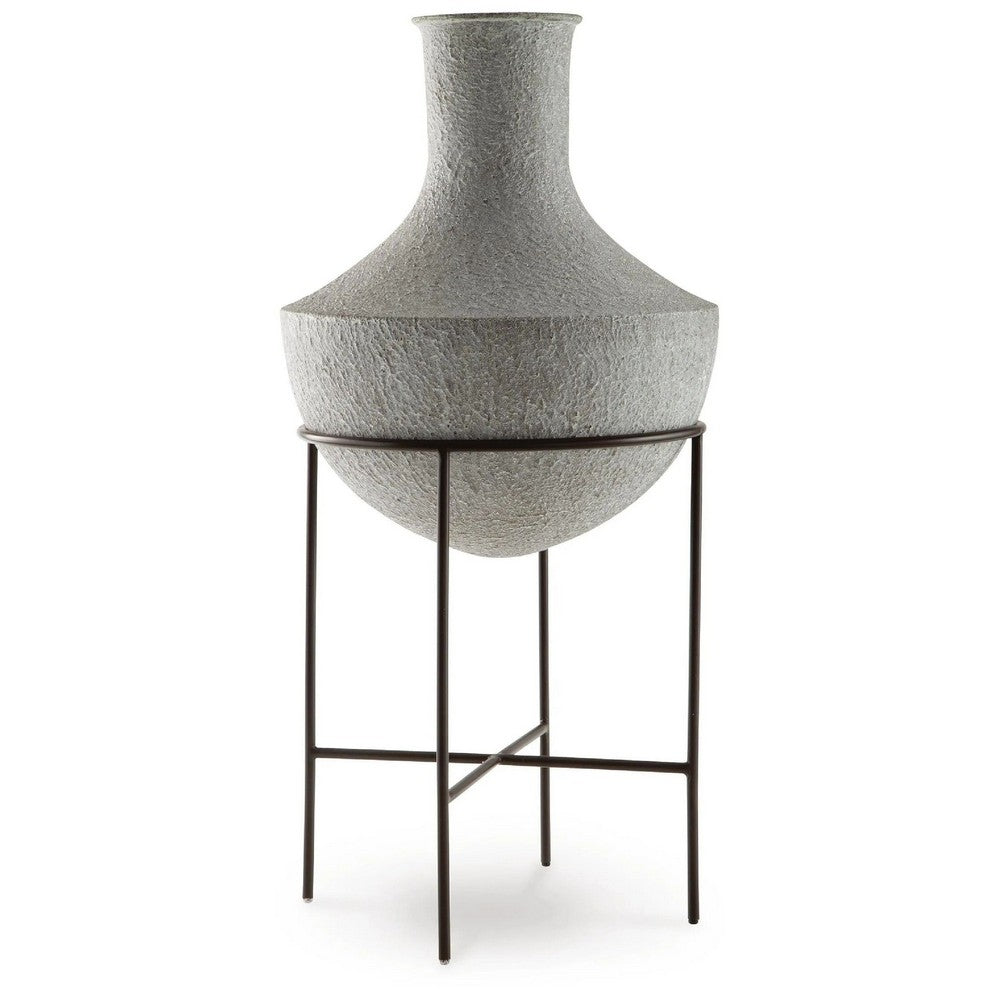 Esta Pottery Style Vase w Stand, Distressed Cream, Espresso Brown 29 Inch - BM355620