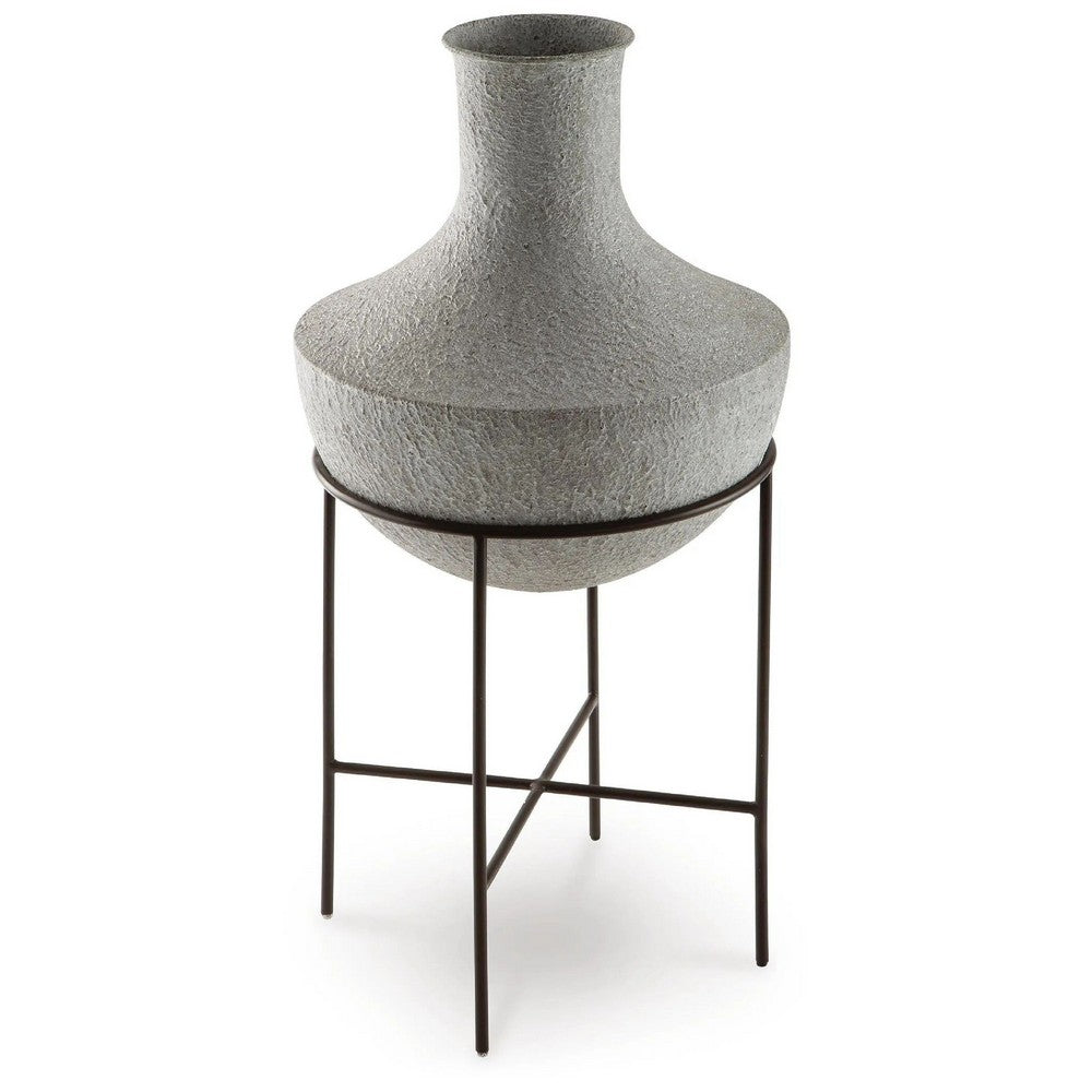 Esta Pottery Style Vase w Stand, Distressed Cream, Espresso Brown 29 Inch - BM355620
